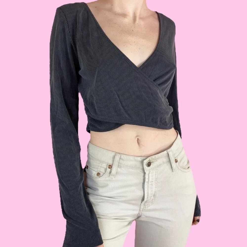 Victoria's Secret Black Ribbed Long Sleeve Wrap Crop Top